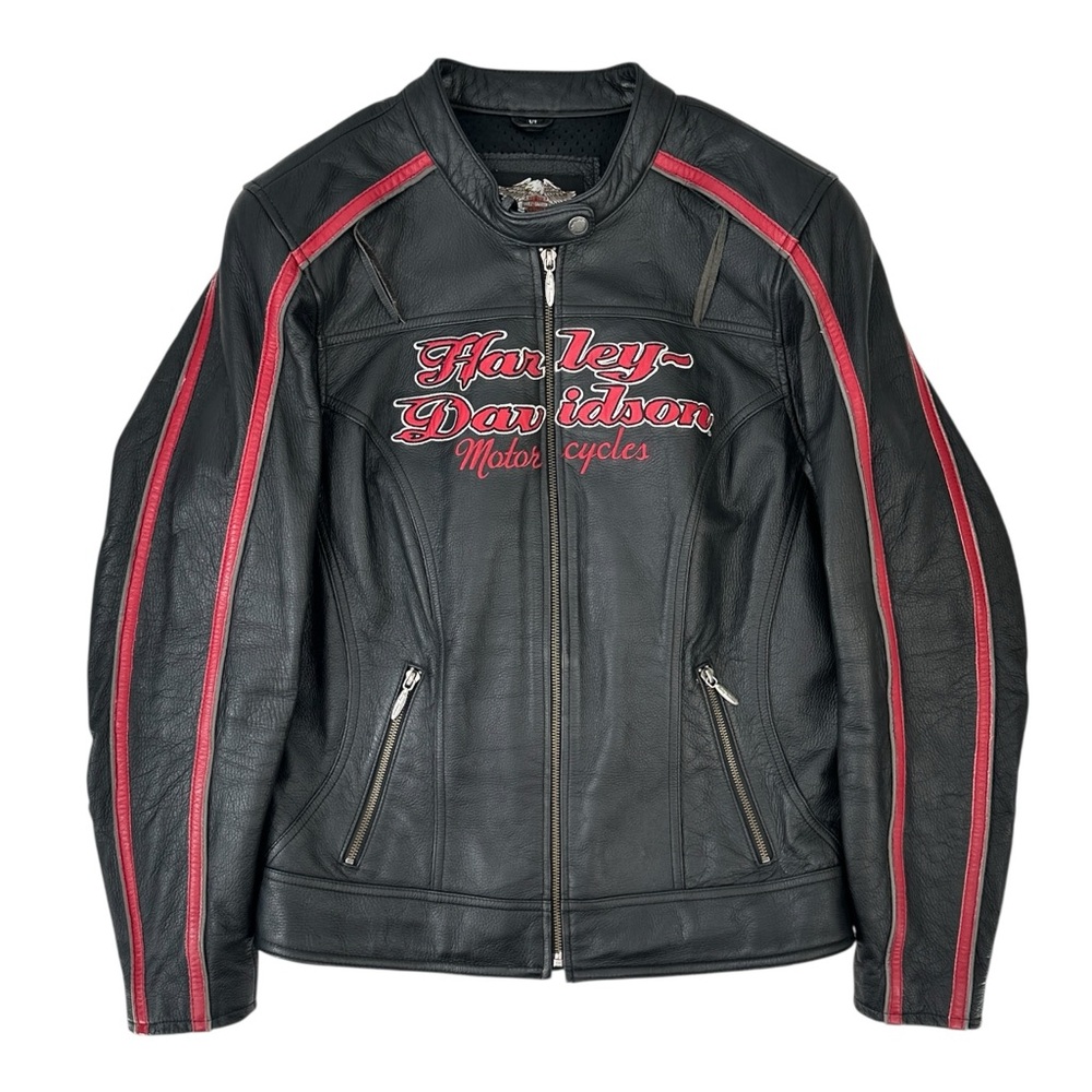 Vintage Harley Davidson Black Red Vented Embroidered Leather Biker Riding Jacket